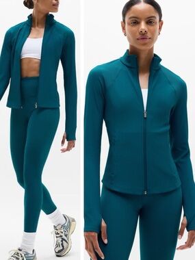 Athleta Woman Teal Ribbed Zip-Up Sweater Jacket XS Athleisure Yoga Tenniscore
